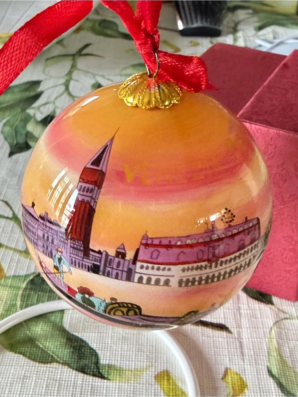 Hand-Painted Venice Gondola Holiday Ornament - Orange Li Bien